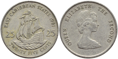Восточно-Карибские штаты 25 центов 1981 Елизавета II (1952-2022), парусник KM 14 медно-никель 87-812