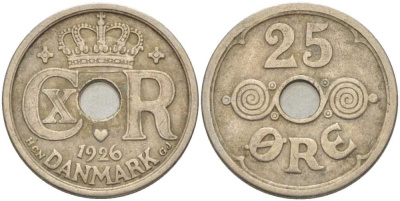 Дания 25 эре 1926 HCN ; GJ, Кристиан X (1912-1947) KM 823.1 медно-никель 4383-514