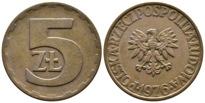 Польша 5 злотых 1976 монетный двор Ленинград (ЛМД) KM 81.1, Parchimowicz 221b латунь 56-937