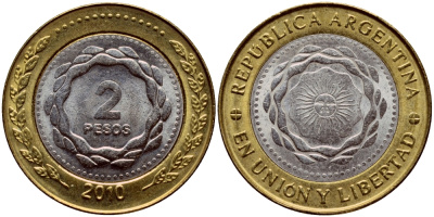 Аргентина 2 песо 2010 майское солнце KM 165 биметалл aUNC 4388-451