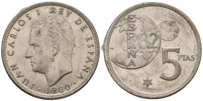 Испания 5 песет 1980 Чемпионат мира по футболу в Испании 1982, Хуан Карлос I (1975-2014) KM 817 медно-никель 210-1257