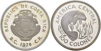 Коста-Рика 100 колонов 1974 Охрана природы KM 201a серебро PROOF 11-321-15