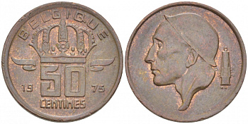 БЕЛЬГИЯ 50 САНТИМОВ 1975 BELGIQUE KM 148.1 бронза 3996-1236