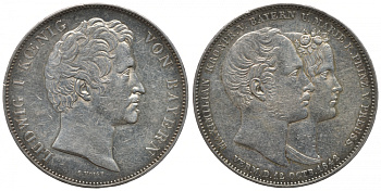 Бавария 2 талера 1842 Людвиг I, свадебный, свадьба Баварского Кронпринца Максимилиана и Марии Прусской AKS 104 b, Dav. 588, Kahnt 108 b, Thun 81 серебро 00-806-67