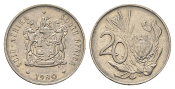ЮАР 20 центов 1980 герб, цветок протея KM 86 никель 4626-757