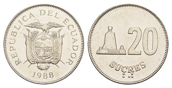 Эквадор 20 сукре 1988 KM 94.1 сталь плакированная никелем UNC 4641-722