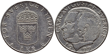 Швеция 1 крона 1977 Карл XVI Густав (1973- ) KM 852 медь плакированная медно-никелем 4397-841