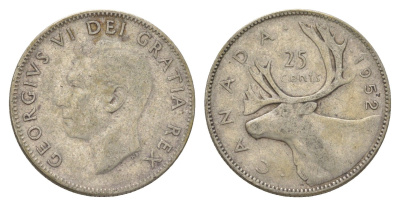 Канада 25 центов 1952 Георг VI (1936-1952), олень KM 44 серебро 4622-824