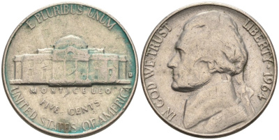 США 5 центов 1964 D, Джефферсон KM А192 медно-никель 92-1127