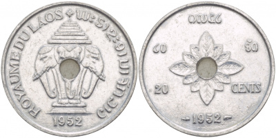 Лаос 20 центов 1952 король Сисаванг Вонг (1904-1959), слоны KM 5 алюминий 4545-445