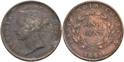 Стрейтс-Сетлментс 1 цент 1845 Виктория (1837-1901), Ост-Индская компания KM 3 медь 4590-125