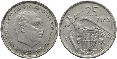 Испания 25 песет 1957 (70) Франсиско Франко (1939-1975) KM 787 медно-никель 4171-712