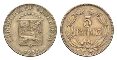 Венесуэла 5 сентимо 1958 год-тип Y 38.1 медно-никель 4668-1019