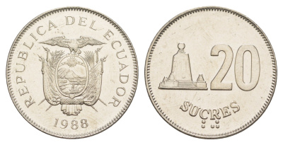 Эквадор 20 сукре 1988 KM 94.1 сталь плакированная никелем UNC 4641-722