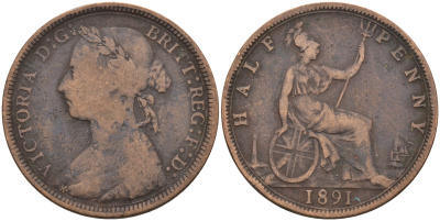 Великобритания 1/2 пенни 1891 Виктория (1837-1901) KM 754 Spink 3956 бронза 4589-917
