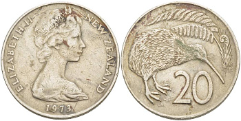 Новая Зеландия 20 центов 1973 Елизавета II (1952-2022), птичка киви KM 36.1 медно-никель 4526-1222