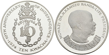 Малави 10 квача 1974 6 июля 1964, 10-я годовщина независимости, президент Хастингс Банда, тираж 4937 экз. KM 13 серебро PROOF 1078-9-11