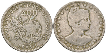 Бразилия 400 реалов 1901 MCMI, голова свободы вправо KM 505 медно-никель 4612-456