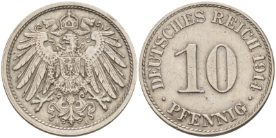 ГЕРМАНИЯ 10 ПФЕННИГОВ 1914 A KM 12, J. 13 медно-никель 31-1153