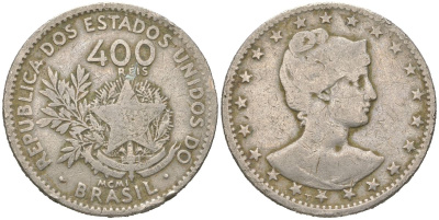 Бразилия 400 реалов 1901 MCMI, голова свободы вправо KM 505 медно-никель 4612-456