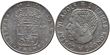 Швеция 1 крона 1971 Густав VI Адольф (1950-1973) KM 826a медь плакированная медно-никелем 4388-1256