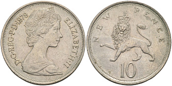 Великобритания 10 пенсов 1979 Елизавета II (1952-2022) KM 912, Spink 4231 (F1) медно-никель 4117-932