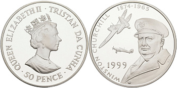 Тристан-да-Кунья 50 пенсов 1999 Уинстон Черчилль (1874-1965), тираж 2500 экз. KM 9а серебро PROOF 1069-3-13