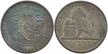 БЕЛЬГИЯ 2 САНТИМА 1864 BELGES KM 4.2 бронза 4390-1234