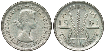 Австралия 3 пенса 1961 m, Елизавета II (1952-2022) KM 57 серебро 71-756