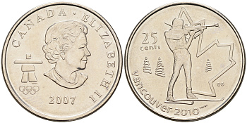 Канада 25 центов 2007 Елизавета II, зимние Олимпийские игры 2010 года в Ванкувере, биатлон KM 685 сталь плакированная никелем  UNC  4150-535