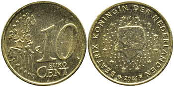 Нидерланды 10 евроцентов 2001 Беатрикс (1980-2013) KM 237 нордик UNC 4391-313
