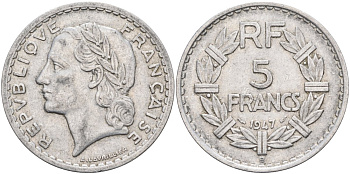 Франция 5 франков 1947 В, тип Lavrillier KM 886а.2, Le Franc 339.11 алюминий 4367-645