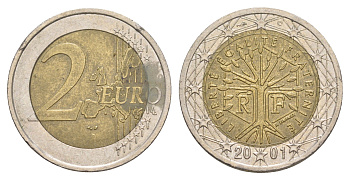 Франция 2 евро 2001 Дерево, символизирующее жизнь, непрерывность и рост KM 1289 биметалл 4629-444
