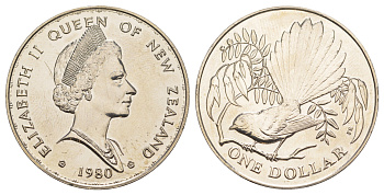 Новая Зеландия 1 доллар 1980 Птицы Новой Зеландии - Веерохвостка KM 49 медно-никель BU 93-825