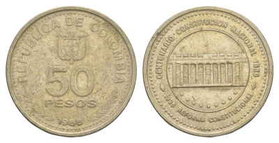 Колумбия 50 песо 1988 конституция KM 272 медно-никель 4638-222