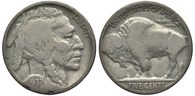 США 5 ЦЕНТОВ 1937 ИНДЕЕЦ, БИЗОН KM 134 медно-никель 27-657