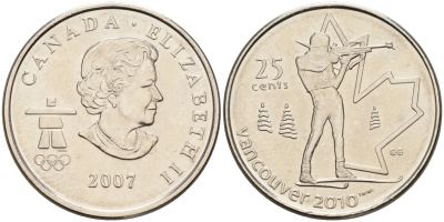Канада 25 центов 2007 Елизавета II, зимние Олимпийские игры 2010 года в Ванкувере, биатлон KM 685 сталь плакированная никелем  UNC  4150-535