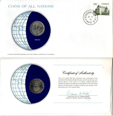 Швеция 1 крона 1978 конверт с маркой первого дня гашения, Coins of Nations KM 852 медь плакированная медно-никелем UNC 4294-43-3