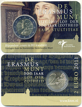 Нидерланды 2 евро 2011 500 лет издания книги «Похвала глупости» Эразма Роттердамского, в оригинальном блистере KM 303 биметалл BU 4-5-2-18