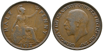 Великобритания 1/2 пенни 1936 Георг V (1910-1936) KM 837, Spink 4058 бронза 08-734