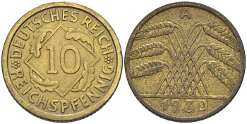 ГЕРМАНИЯ 10 РЕЙХСПФЕННИГОВ 1932 A KM 40, J. 317, Weege 9 алюминиевая бронза 210-412