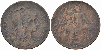 ФРАНЦИЯ 5 САНТИМОВ 1901 ТИП ДАНИЭЛЬ ДЮПЮИ KM 842, LE FRANC 119.11 бронза 108-826