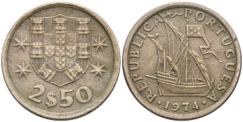 Португалия 2,5 эскудо 1974 парусник КМ 590 медно-никель 4567-626