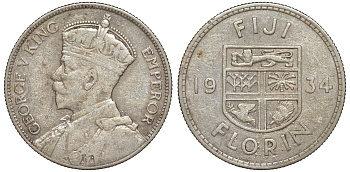Фиджи 1 флорин 1934 Георг V (1910-1936), герб Фиджи KM 5 серебро    1531-1013
