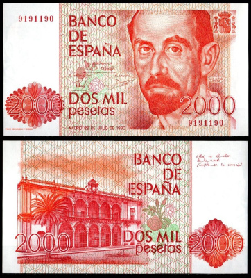 Испания 2000 песет 1980 Хуан Рамон Хименес Pick 159 бумага UNC (пресс) 451-1093-1