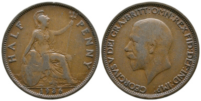 Великобритания 1/2 пенни 1936 Георг V (1910-1936) KM 837, Spink 4058 бронза 08-734