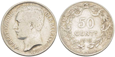 БЕЛЬГИЯ 50 САНТИМОВ 1910 АЛЬБЕРТ I (1909-1934) BELGEN KM 71 серебро 206-125