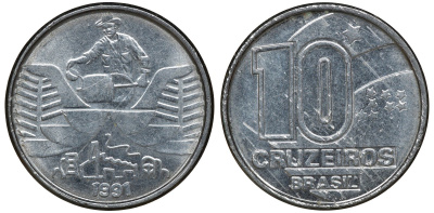 БРАЗИЛИЯ 10 КРУЗЕЙРО 1991 KM 618.2 сталь aUNC 72-1531