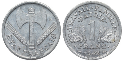 Франция 1 франк 1942 правительство Виши KM 902.1, Le Franc 223.2 алюминий 4128-342