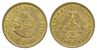 ЮАР 1/2 цента 1961 Ян ван Рибек KM 56 латунь aUNC 4603-334